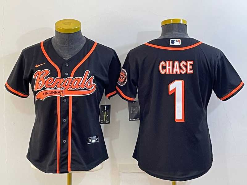 Women%27s Cincinnati Bengals #1 JaMarr Chase Black With Patch Cool Base Stitched Baseball Jersey